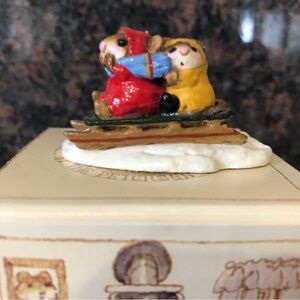 Wee Forest Folk Little Sledders. 1981  M-085 Red and yellow snow suits.